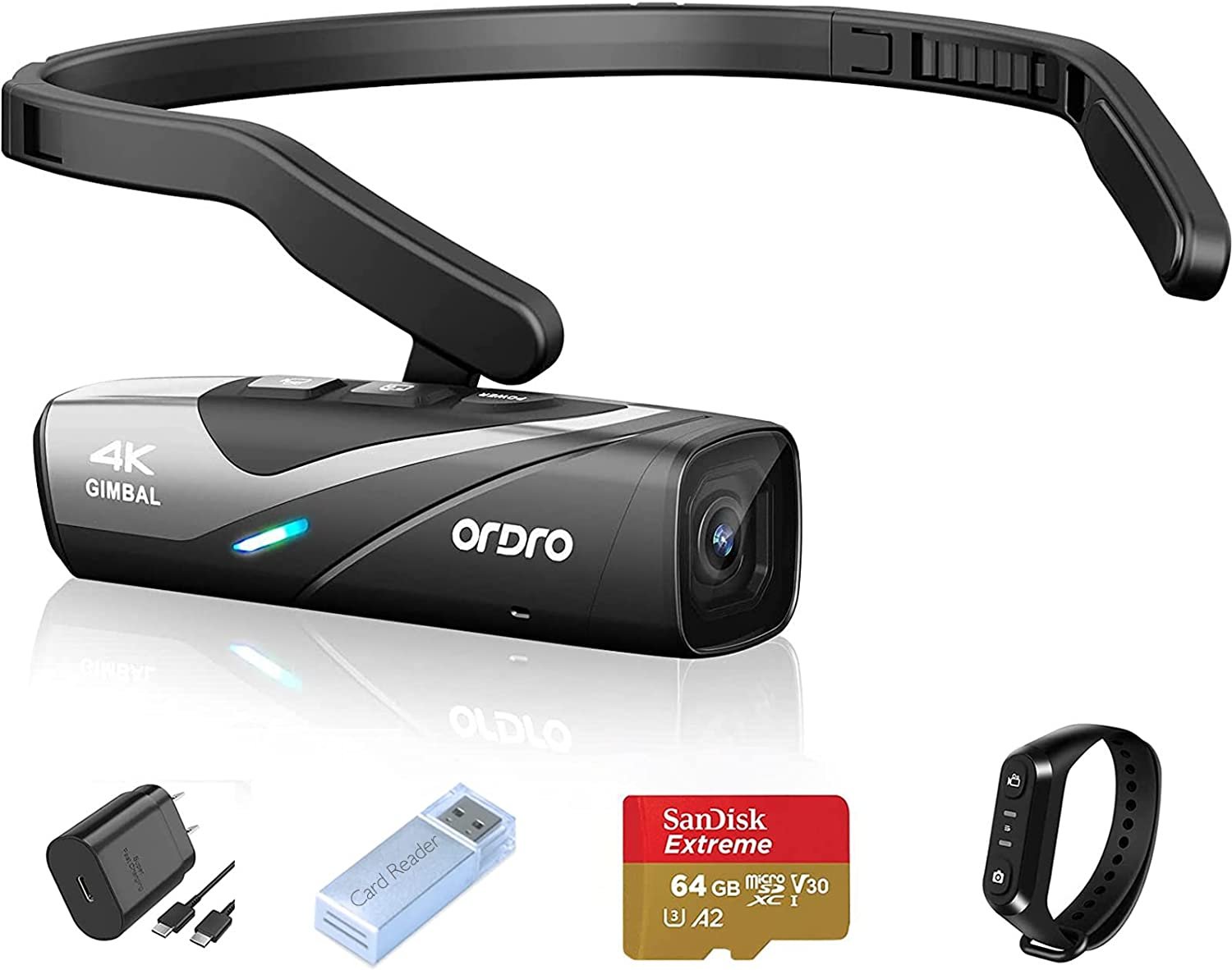 Head-Mounted Video Camera, Wi-Fi APP Control, Auto Focus, 2-Axis Gimbal Stabilizer with Remote Control, Fast Charger, 64GB Micro SD Card.